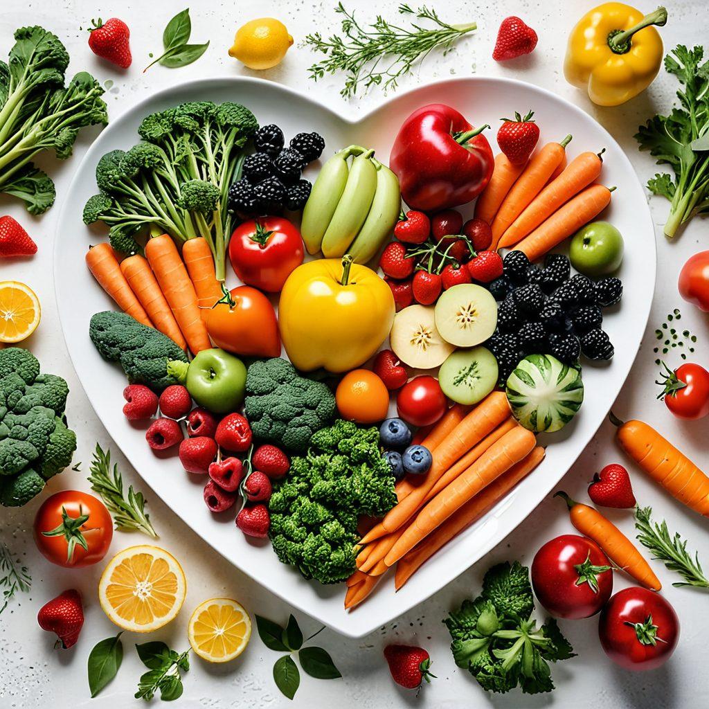 A vibrant and colorful composition of a heart-shaped plate filled with fresh fruits and vegetables symbolizing nutrition, intertwined with gentle hands cradling the plate, showcasing love and care. The background features soft, glowing light to evoke warmth and positivity, emphasizing the importance of health. Include subtle elements like herbs and seeds scattered around for a holistic touch. super-realistic. vibrant colors. warm lighting. white background.