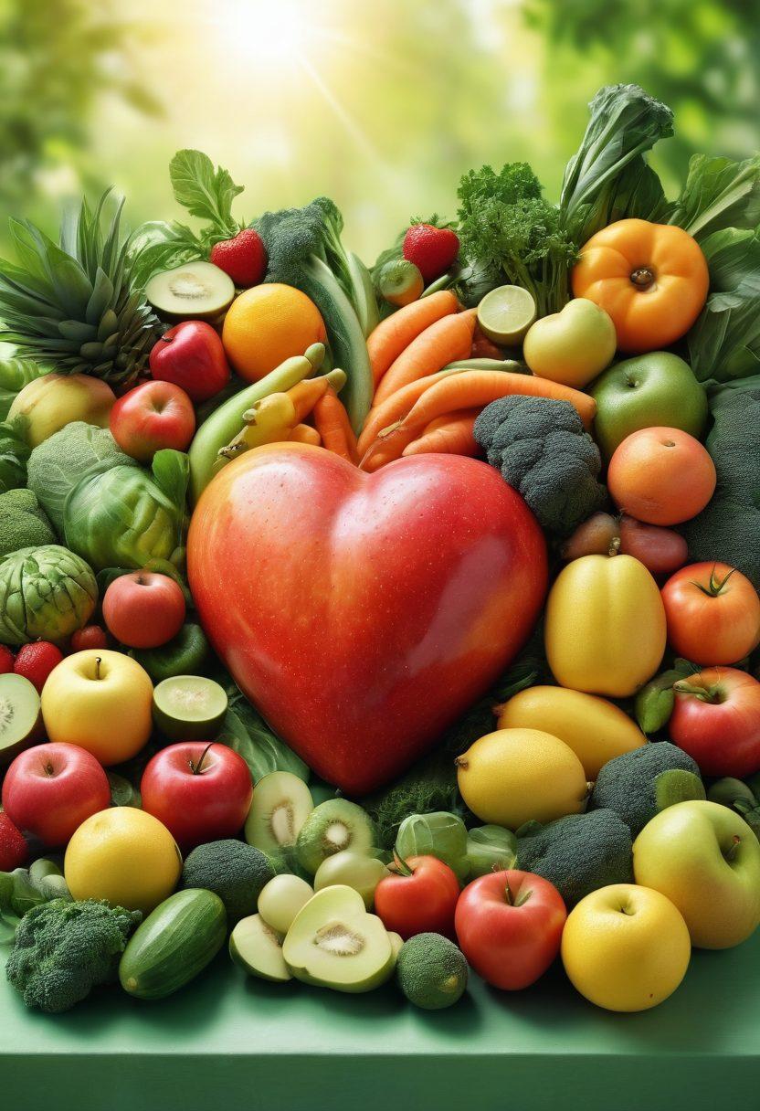 A serene scene depicting a heart-shaped arrangement of fresh fruits and vegetables symbolizing love for health, with a bottle of Immunocal at the center, surrounded by a soft glow of light. In the background, a peaceful nature setting with soft green hues, embodying wellness and vitality. The overall vibe exudes warmth and nourishment, inviting viewers to embrace their health journey. super-realistic. vibrant colors. soft focus.