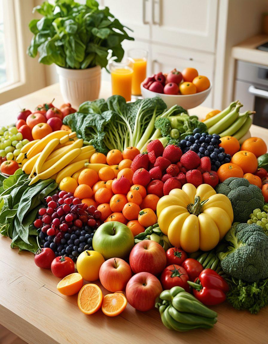 A vibrant, healthy table setting featuring an array of colorful fruits, vegetables, and supplements with Immunocal prominently displayed at the center. Include a soft glow around Immunocal to emphasize its importance in wellness. In the background, depict a serene, sunlit kitchen to evoke a sense of warmth and nurturing. The atmosphere should feel inviting and fresh, symbolizing health and vitality. super-realistic. vibrant colors. soft focus.